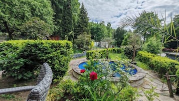 A garden with a circular stone pool surrounded by various plants and a wicker fence.