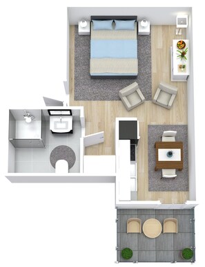 A modern hotel room with a bed, a desk, a chair, a small kitchen area, and a dining area with a table and chairs.