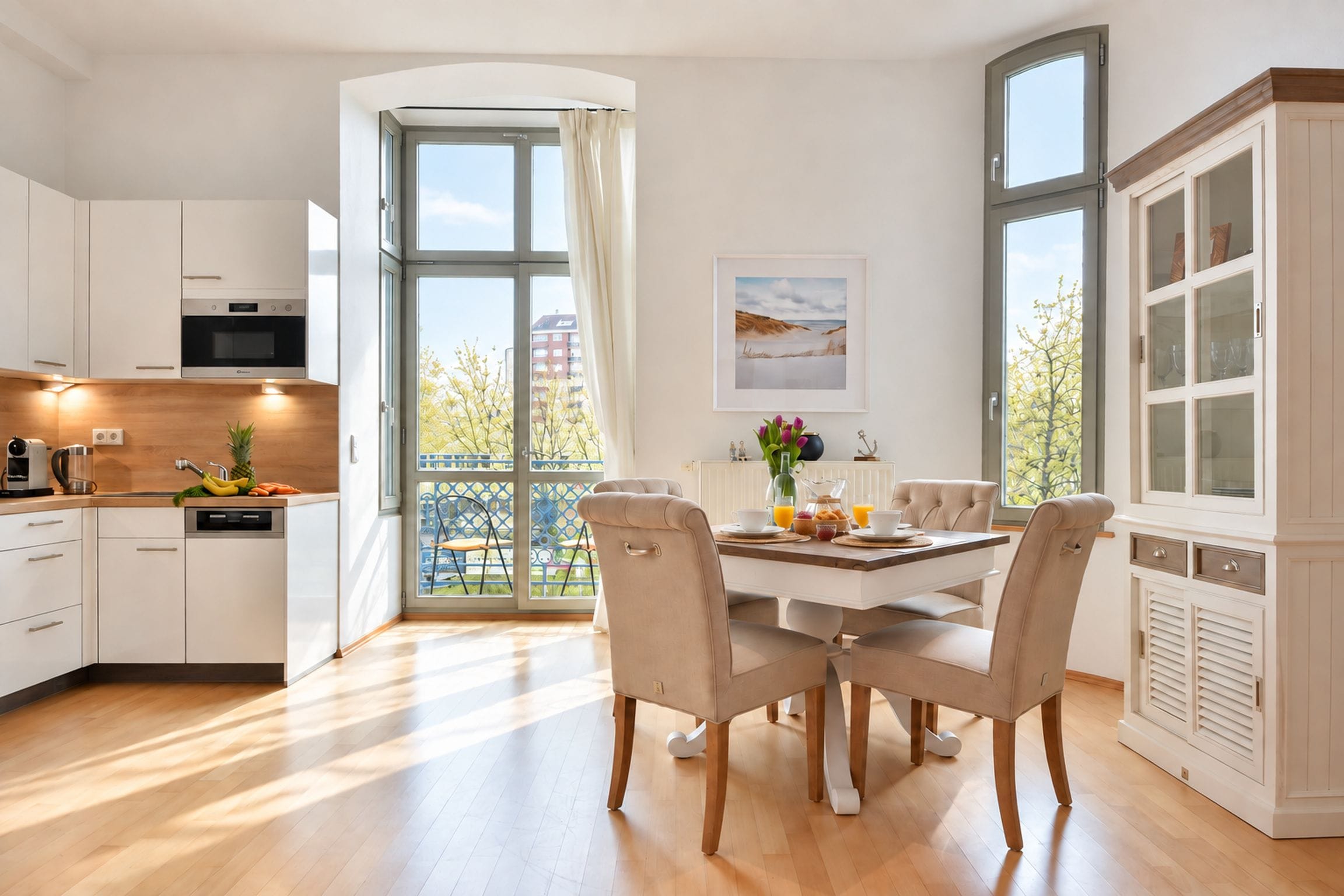 A modern kitchen with white cabinets, a dining area with a table and chairs, and large windows offering a view of the outdoors.