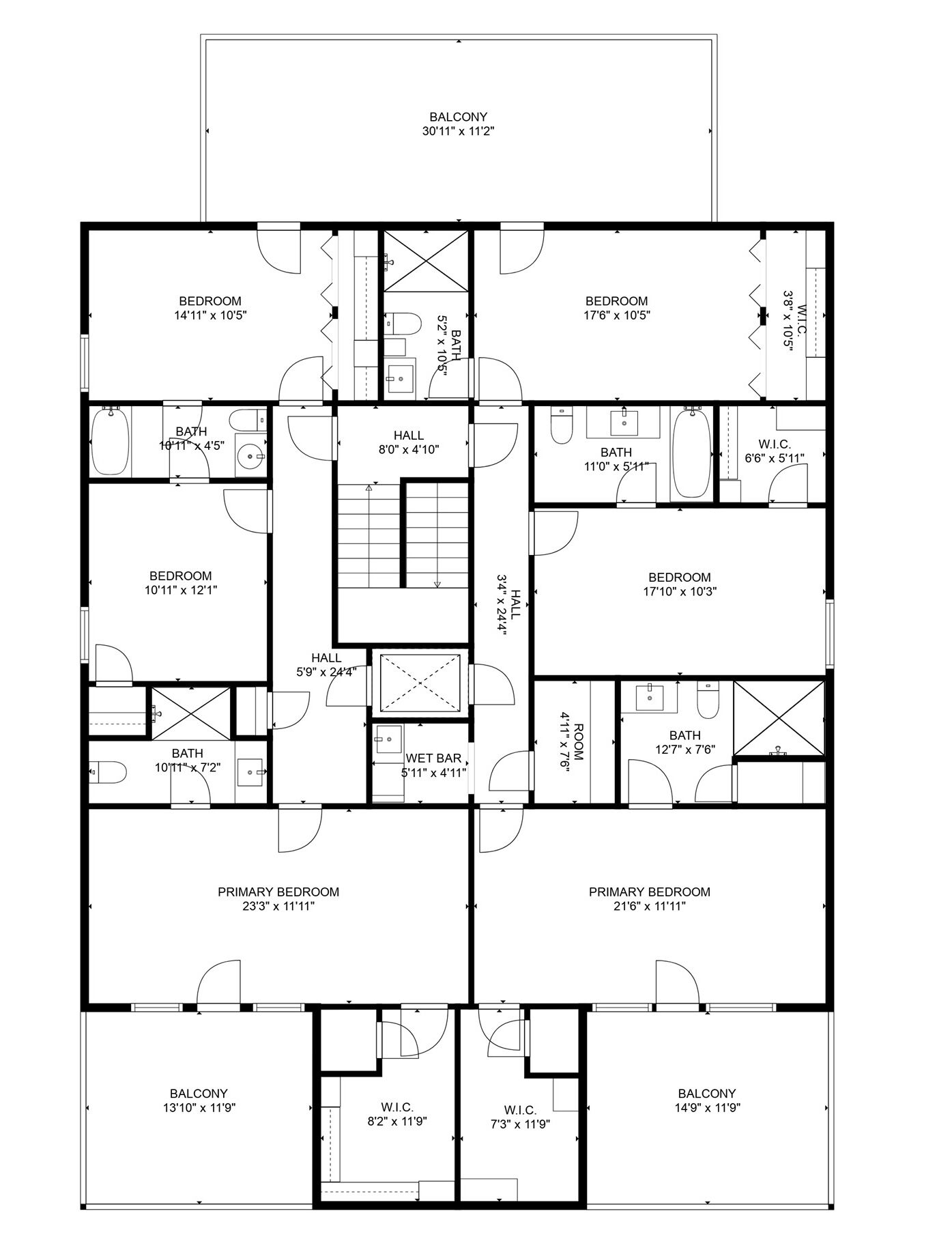 Un plan d’étage d’un hôtel comprenant plusieurs chambres, des salles de bain, un bar avec évier et deux balcons.