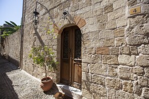 Traditional building with a wooden door and a potted plant outside.