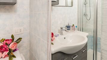Dusche, Haartrockner, Handtücher, Toilettenpapier