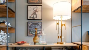 Ett modernt rum med trähyllor, en jordglob, inramade konstverk, en lampa och vinflaskor.