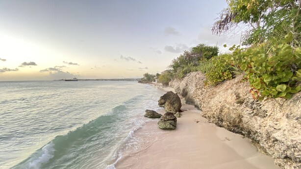 A beach with a rocky shoreline, a sandy beach, and a view of the ocean. - Searocks Beach Apartment (Oistins)