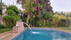 Ein Schwimmbecken mit einer Steinbrunnen, umgeben von üppiger Vegetation und blühenden Pflanzen.