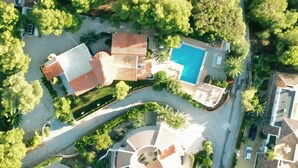 An aerial view of a residential area with houses, a swimming pool, and a curved driveway.