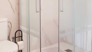 Shower, hair dryer, bidet, towels