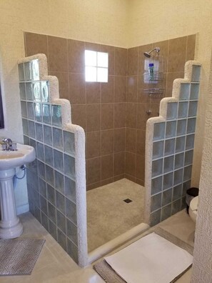 Dusche, Haartrockner, Handtücher, Seife