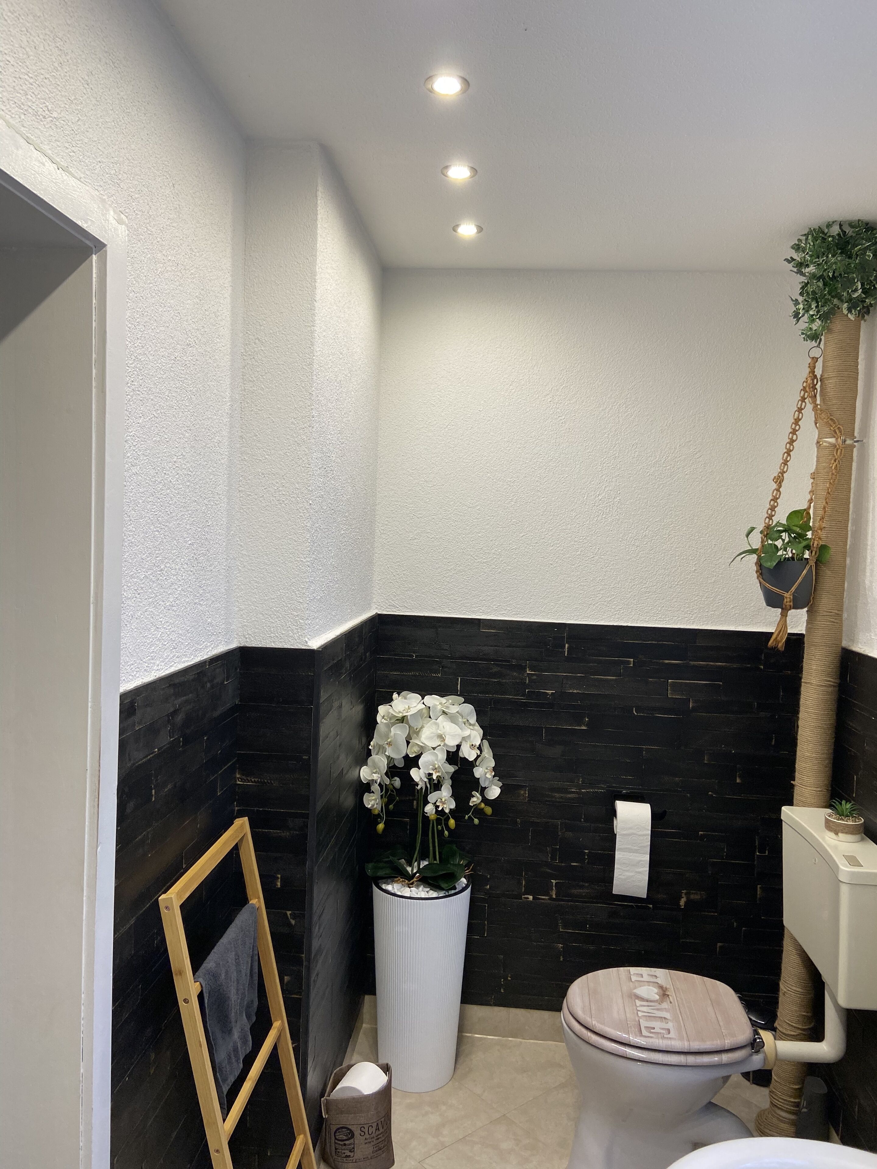 Ein Badezimmer mit einer schwarz-weißen Fliesenwand, einer weißen Toilette, einem weißen Mülleimer, einer Holzleiter und einer hängenden Pflanze.