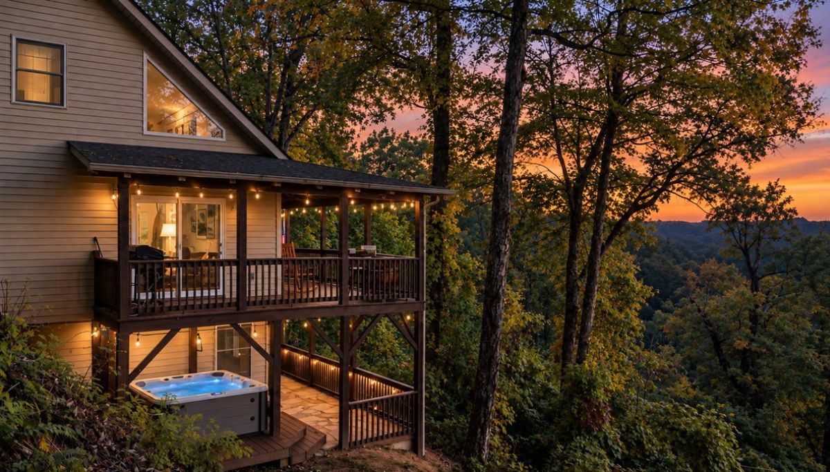 Eine zweistöckige Holzhütte mit Whirlpool und Lichterkette auf der Terrasse, umgeben von Bäumen.