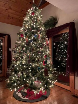 A Christmas tree with lights and ornaments, placed in a room with wooden floors and a window with curtains.