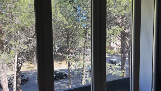 A view through a window with a view of trees and parked cars outside. - Apartment near beach and shops (Argelès-sur-Mer)