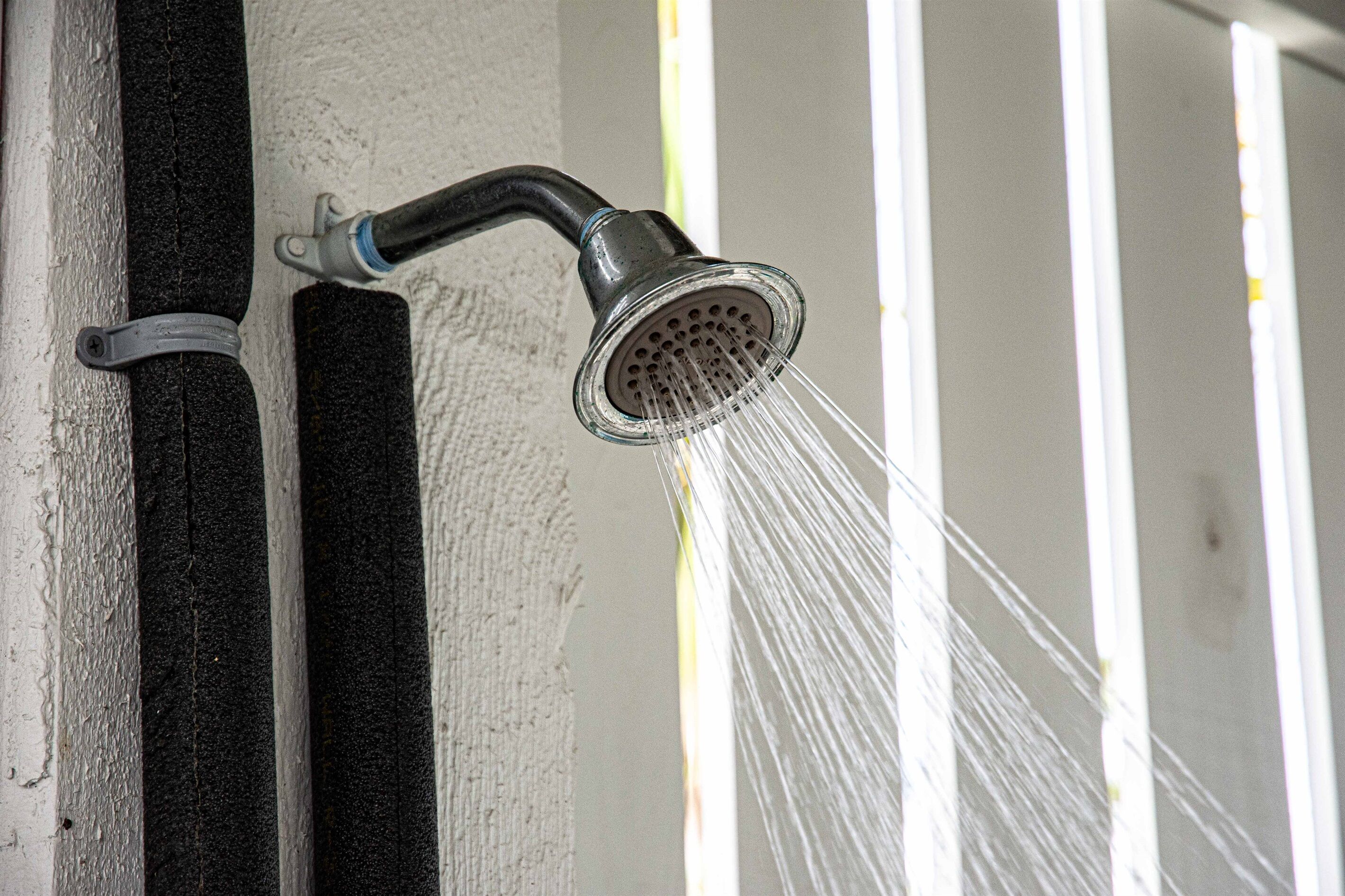 Un pommeau de douche d'où jaillit de l'eau.