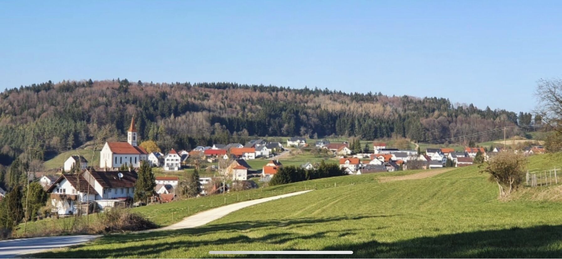 A rural village with houses, a church, and a hill in the background.