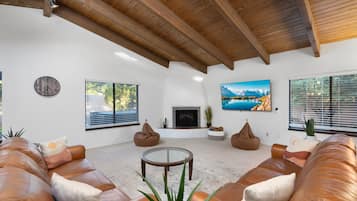 Smart TV, fireplace, books, offices