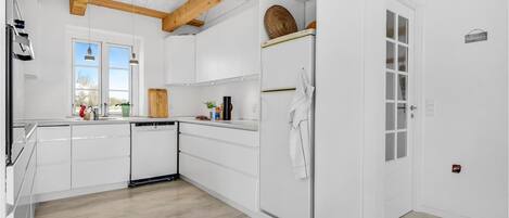 Fridge, stovetop, dishwasher, coffee/tea maker