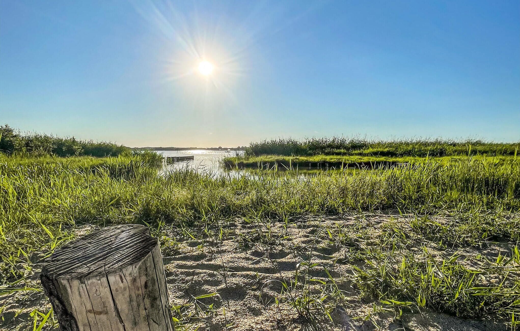 A sandy beach with a wooden post and tall grass in the foreground, leading to a body of water and a distant shoreline under a clear sky.