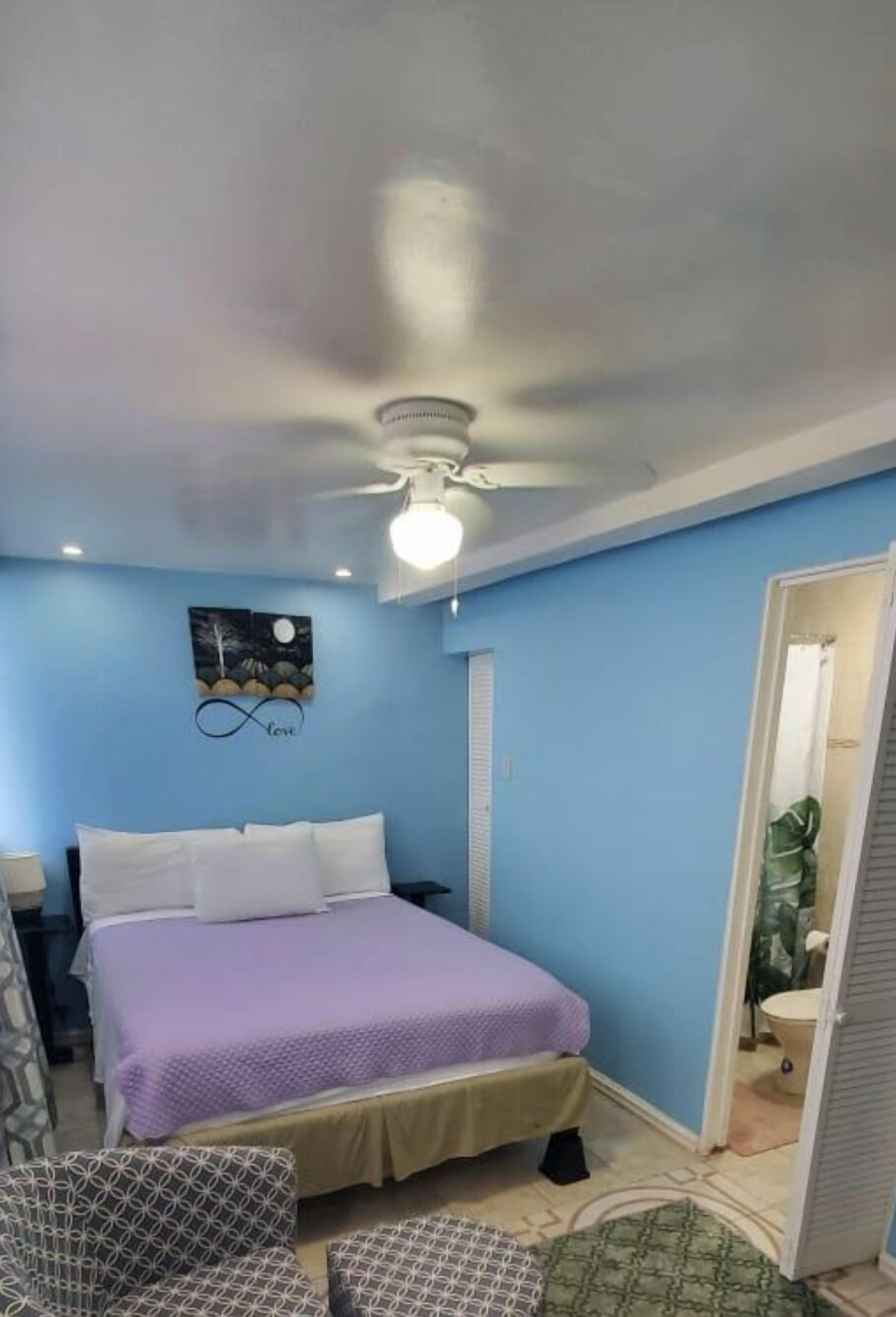 Une chambre à coucher comprenant un lit, un ventilateur de plafond, une œuvre d’art murale et une porte donnant accès à une salle de bain.