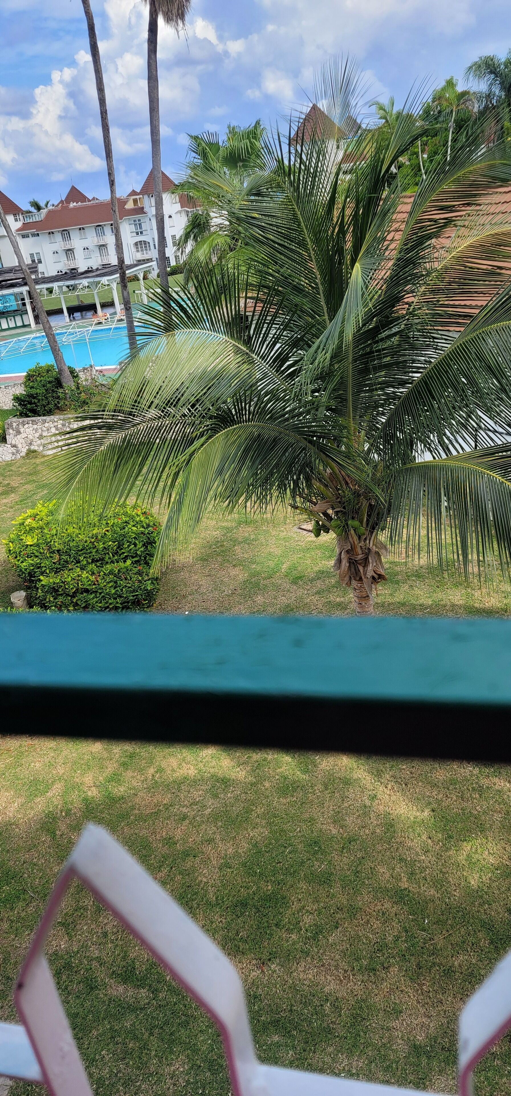 Vista di una zona piscina con palme e un edificio sullo sfondo con tetti rossi.