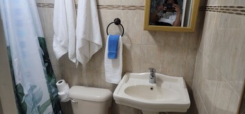 Un baño con inodoro, lavabo y espejo.