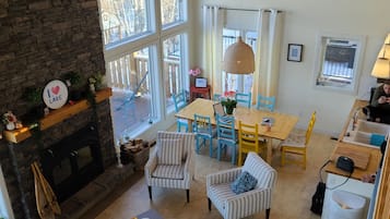 Smart TV, fireplace, video games, DVD player