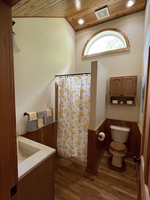 Regadera, toallas, papel de baño 