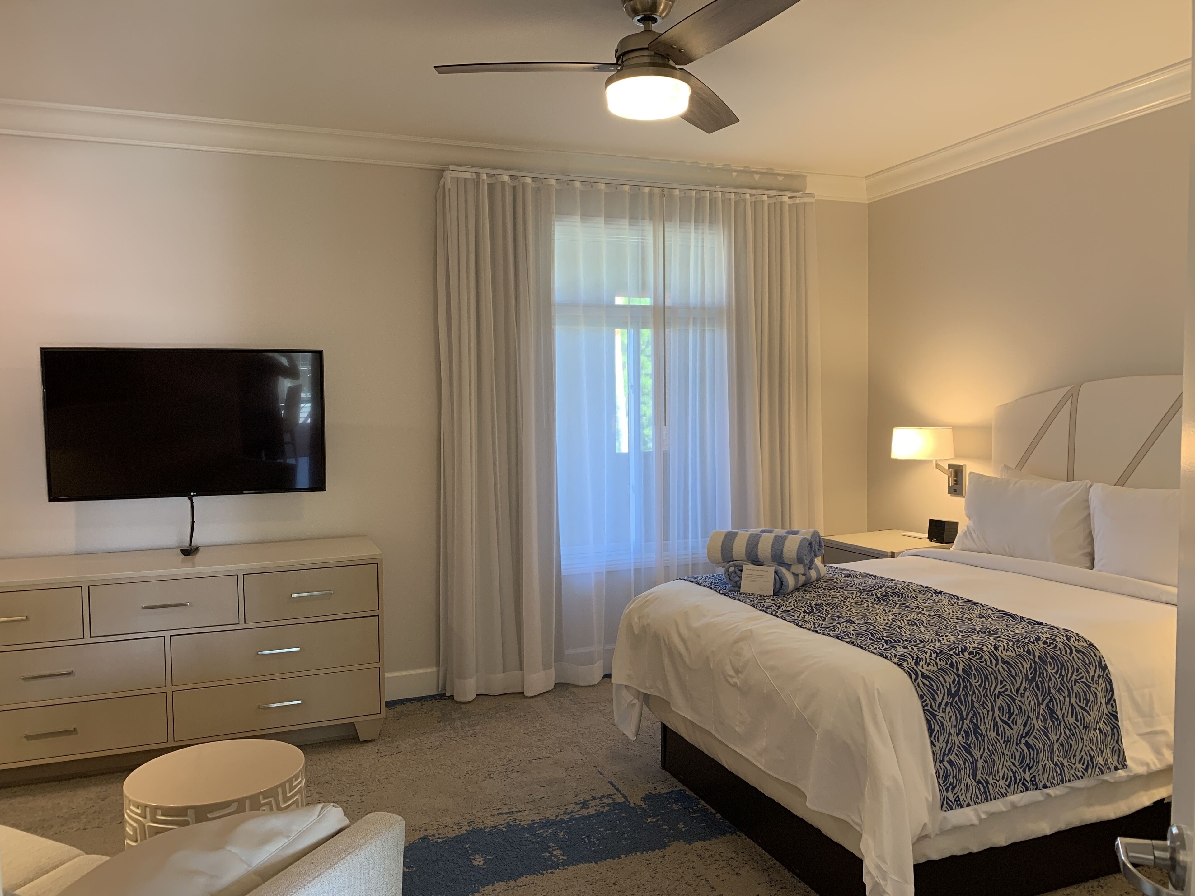 Une chambre d’hôtel équipée d’un lit, d’une télévision, d’un bureau et d’un ventilateur de plafond.