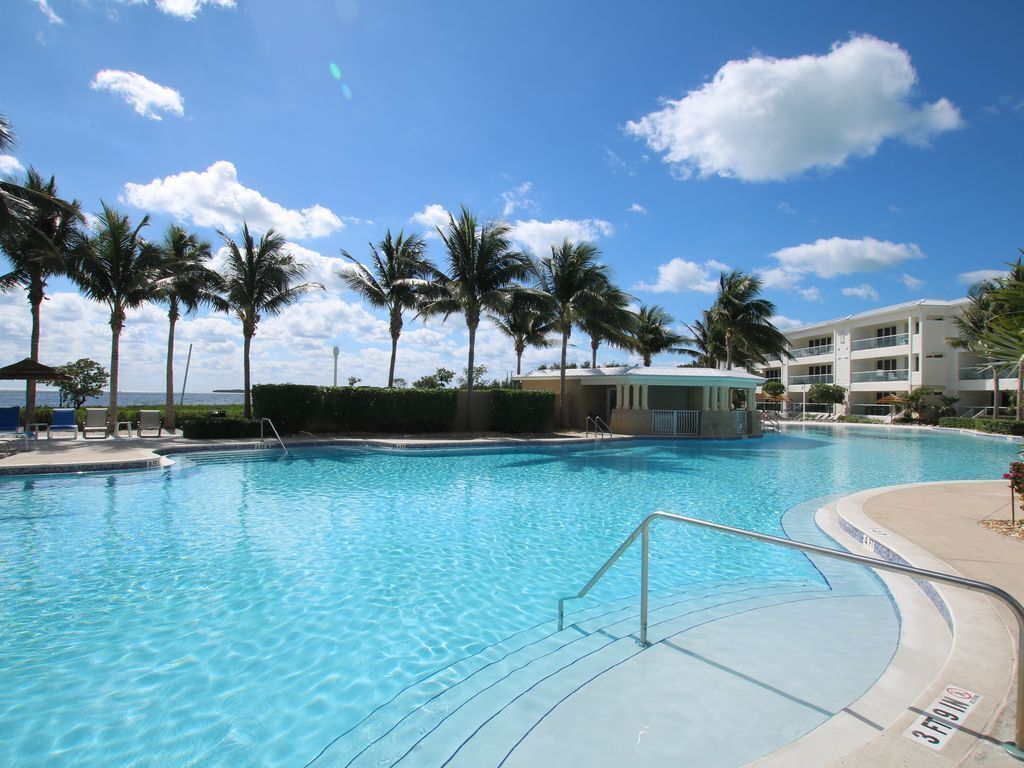 A clear blue swimming pool with palm trees and a building in the background.