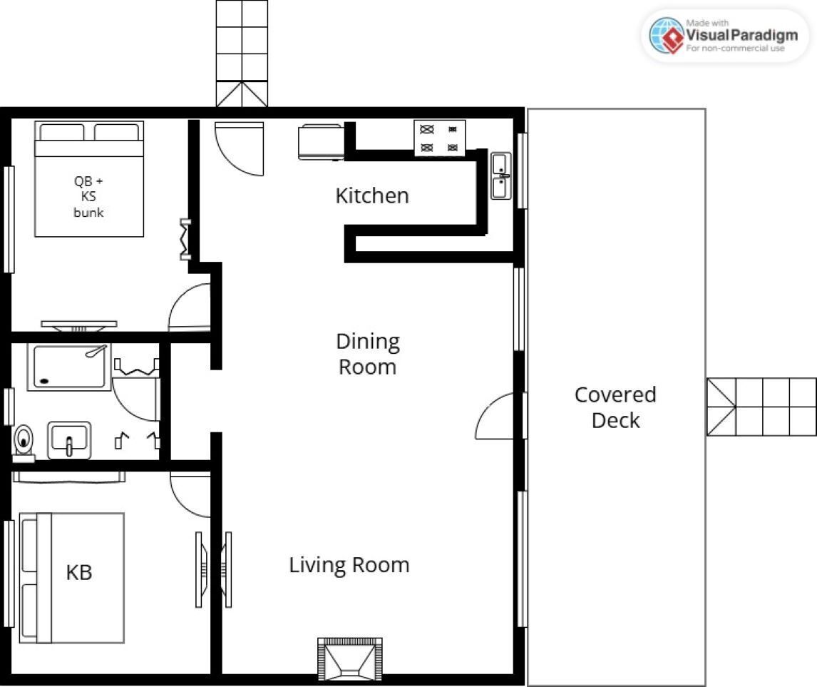 Un plan d’étage comprenant une cuisine, une salle à manger, un salon et une terrasse couverte.