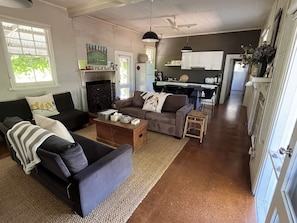 Smart TV, fireplace, books