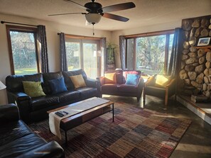 TV, fireplace, DVD player, books