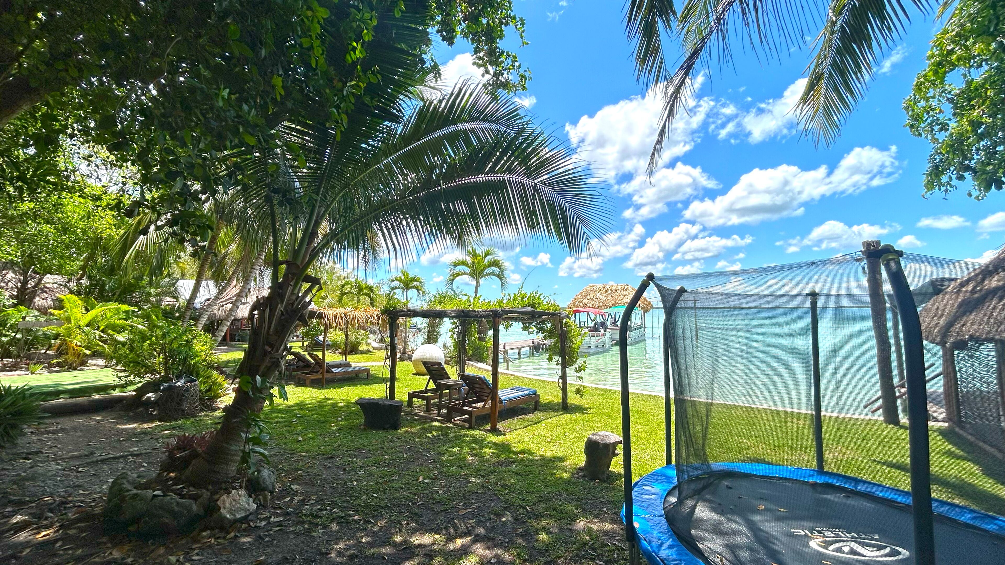 Un espace extérieur de style tropical avec un trampoline, des chaises longues et une zone piscine.