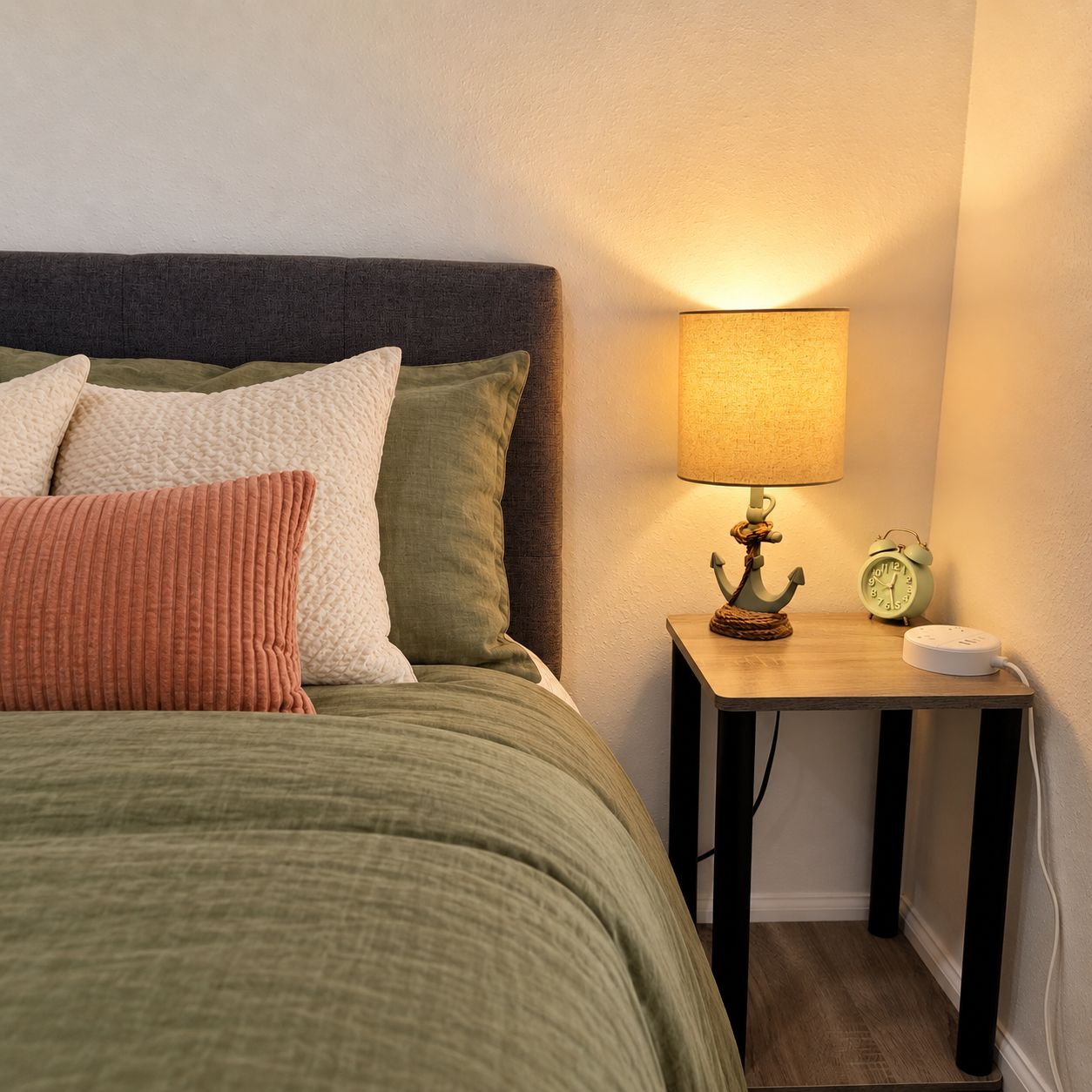 A neatly made bed with a green bedspread and multiple pillows, a bedside lamp with a textured shade, and a small table with a clock and a phone.