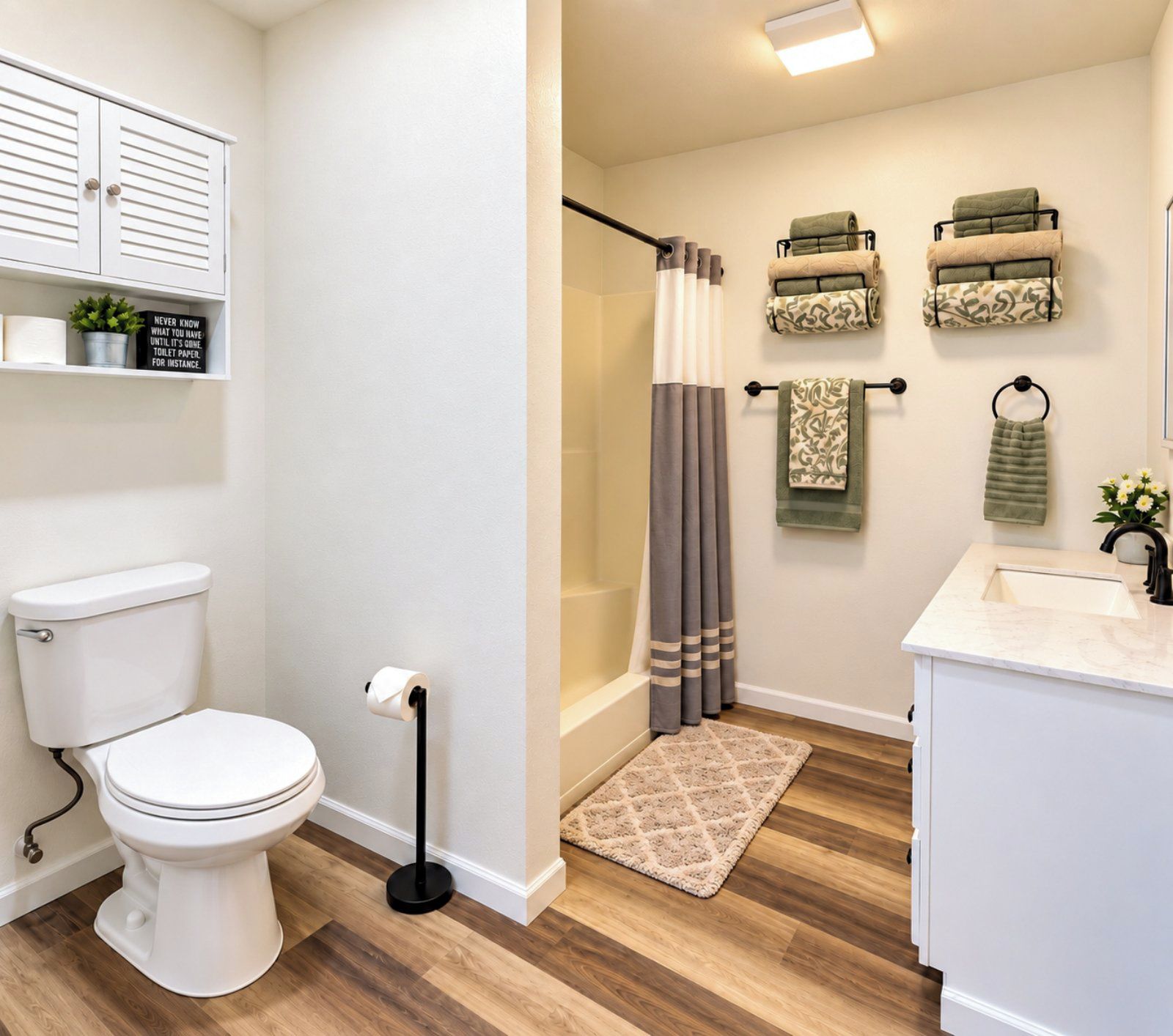 Een badkamer met toilet, douche en wastafel.