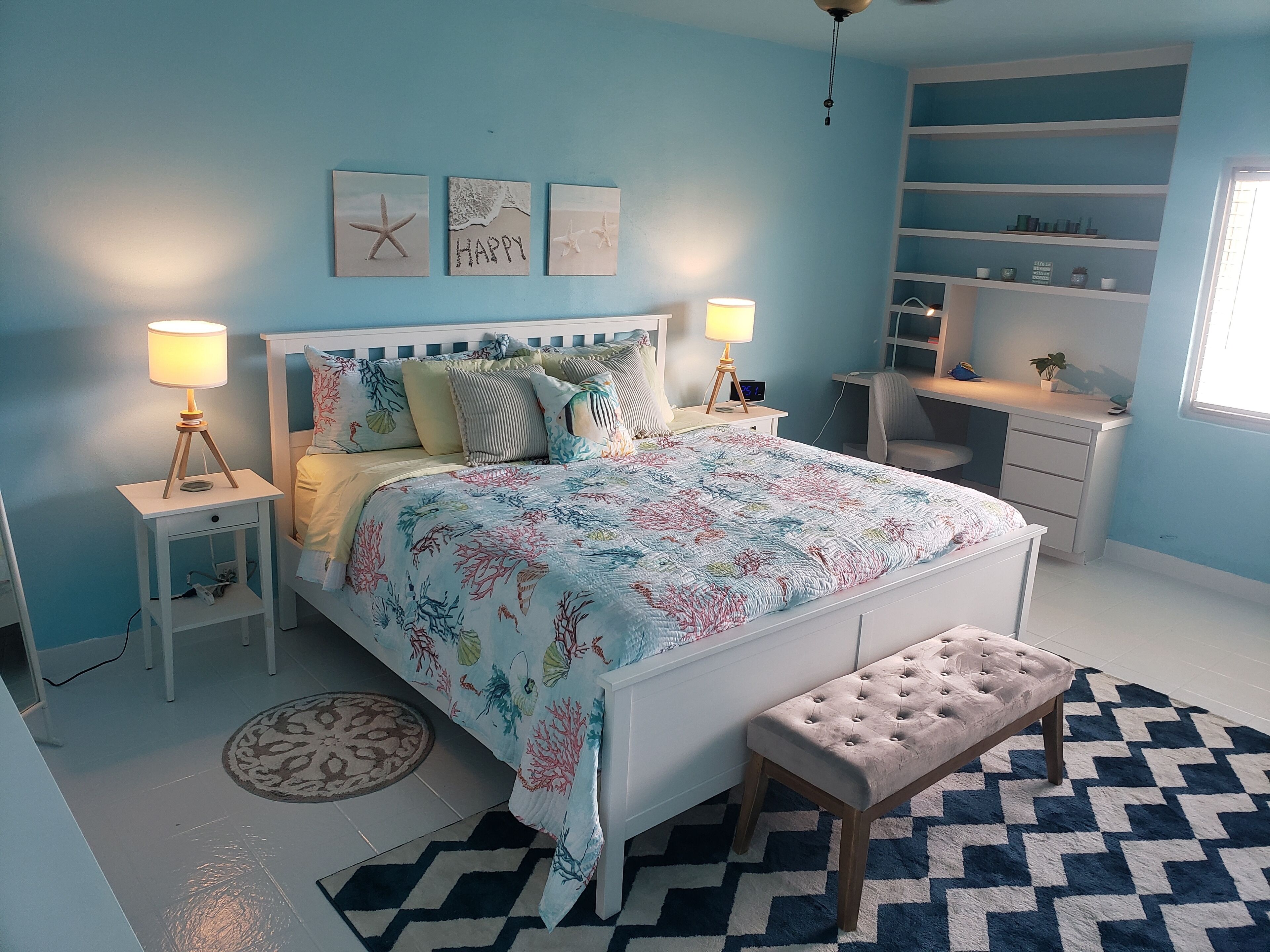 1 bedroom, desk, iron/ironing board, travel cot