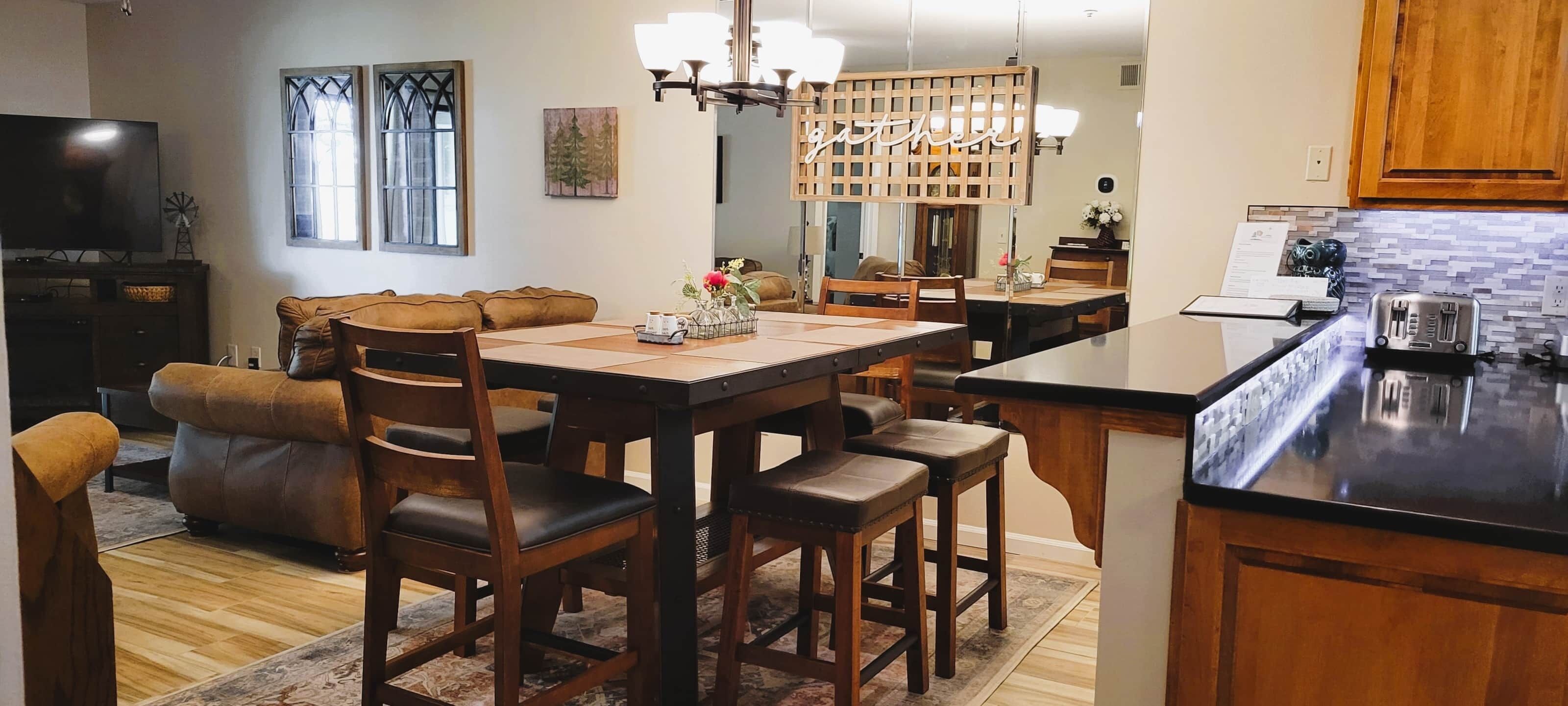 dining table, 2 chairs and 4 barstools