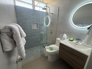 Dusche, Haartrockner, Shampoo, Toilettenpapier