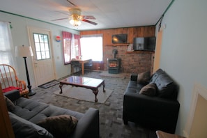 Smart-tv, een open haard, boeken en een computerscherm