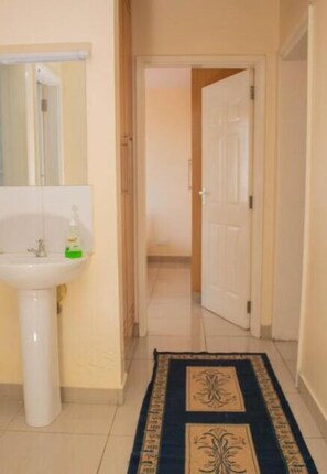 Un couloir avec un lavabo et un miroir blancs, un tapis à motifs et une porte fermée au bout.
