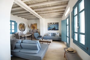 TV connectée, cheminée, livres, écrans d'ordinateur