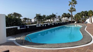 Uma piscina com borda curva, rodeada por muros de pedra e palmeiras.