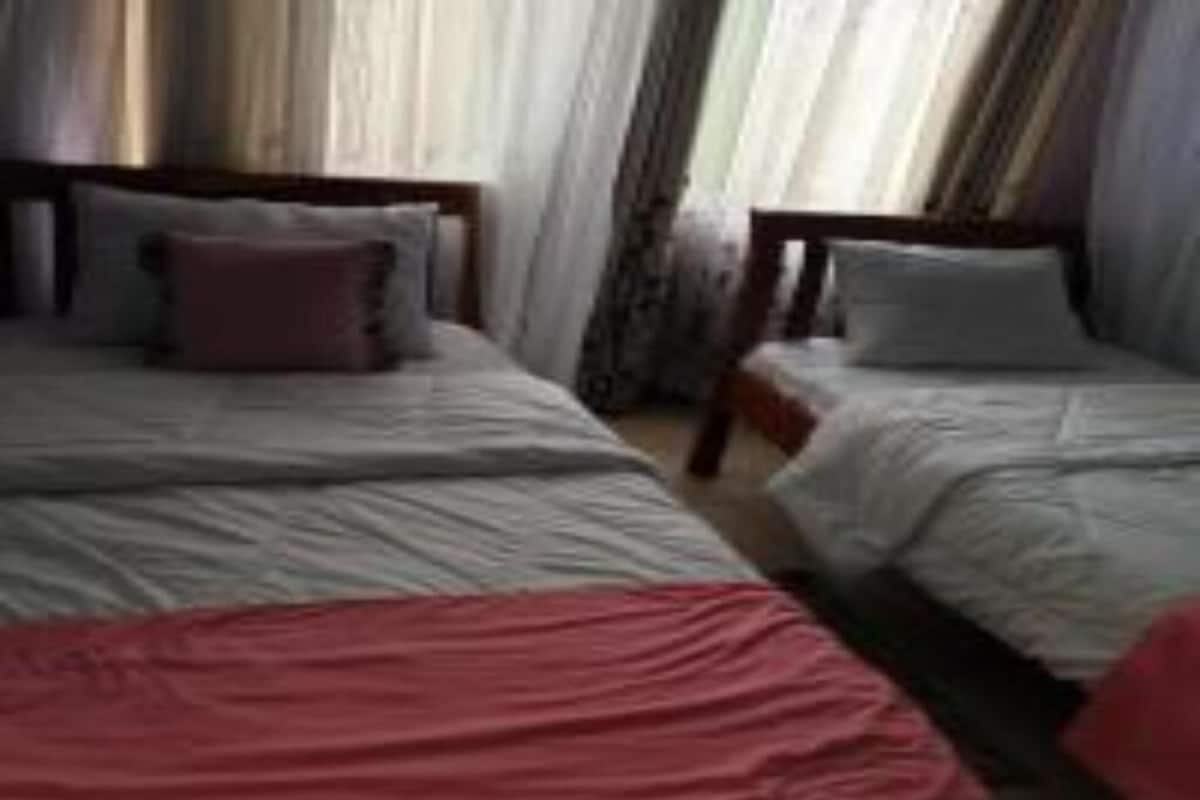 A hotel room with two single beds, each with a pillow and a blanket.