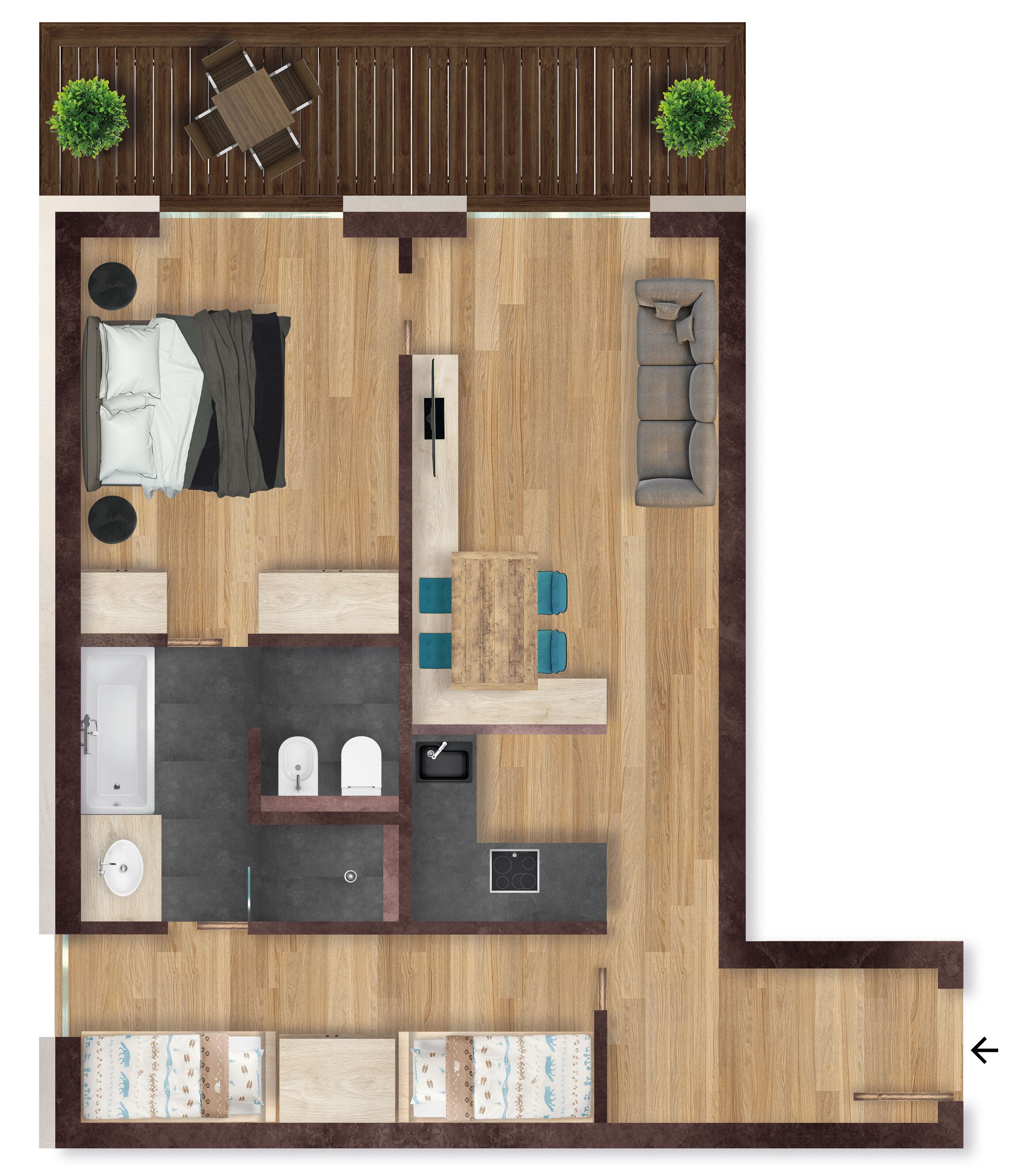 A floor plan of a hotel room with a bed, a sofa, a small table, a desk, a bathroom, and a kitchenette.