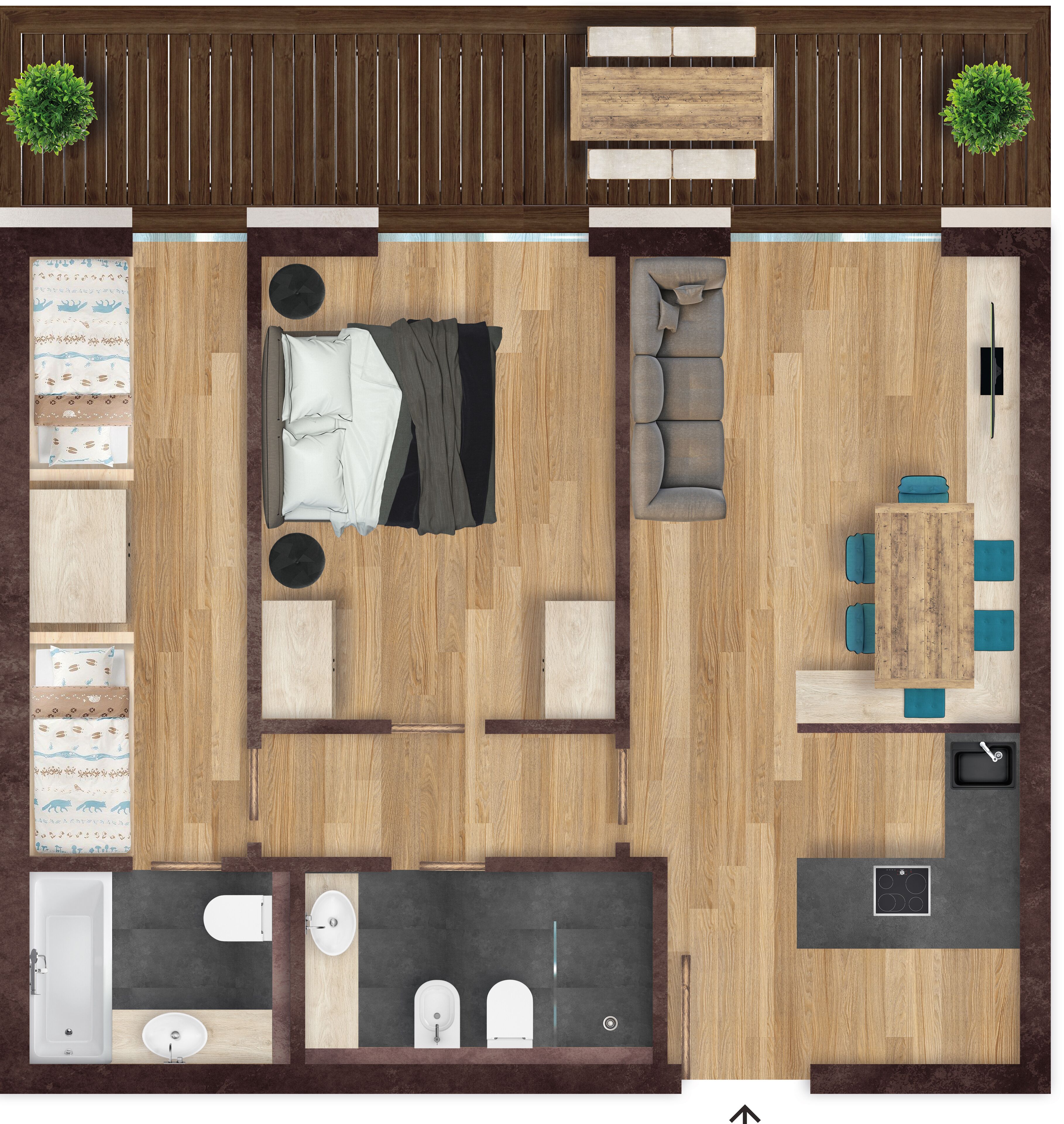 A top-down view of a hotel room with a bed, sofa, dining table, and a small kitchen area.