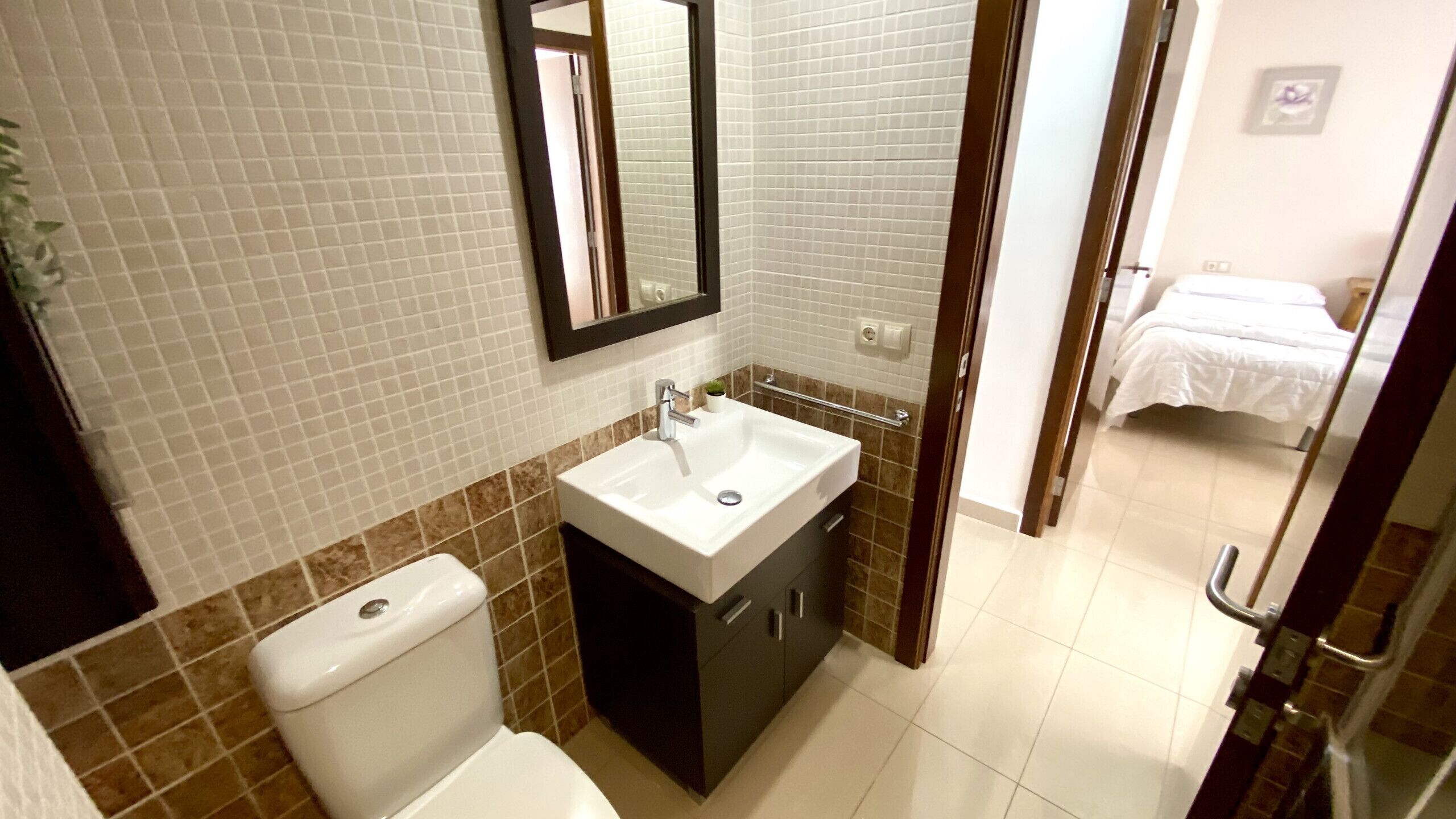 A bathroom with a white sink, dark cabinet, and a toilet. There is a mirror above the sink and a small plant on the counter.
