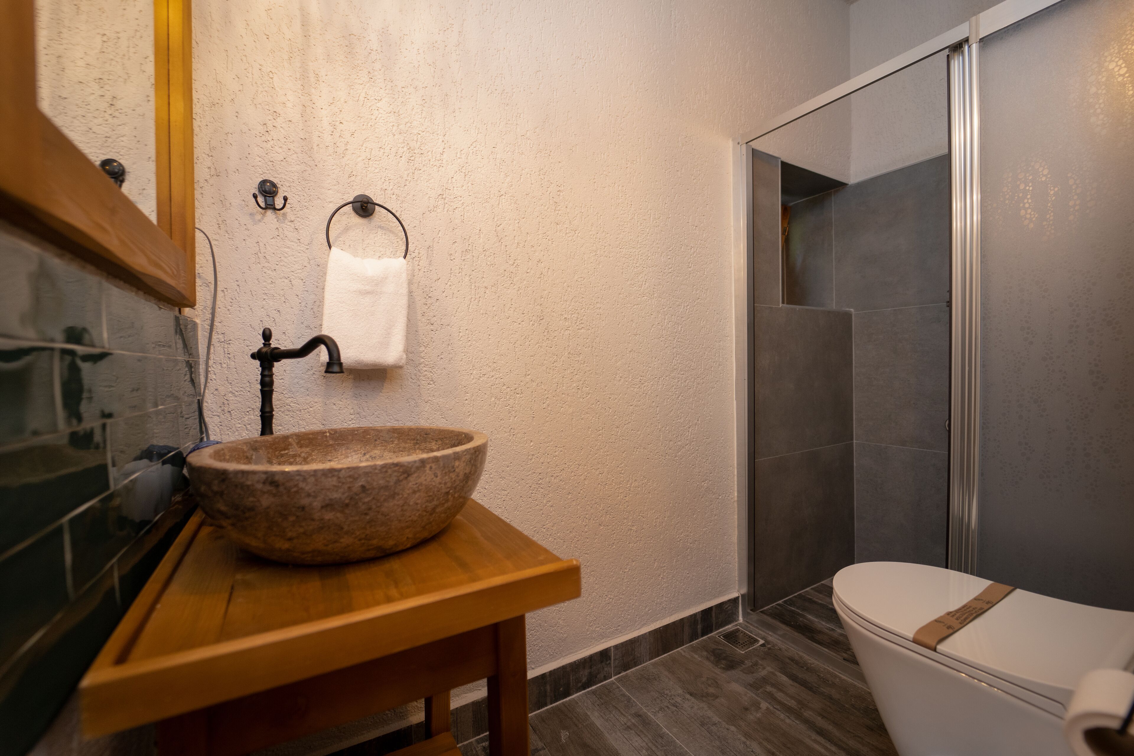 A bathroom with a stone basin, a towel rack, a toilet, and a shower area.
