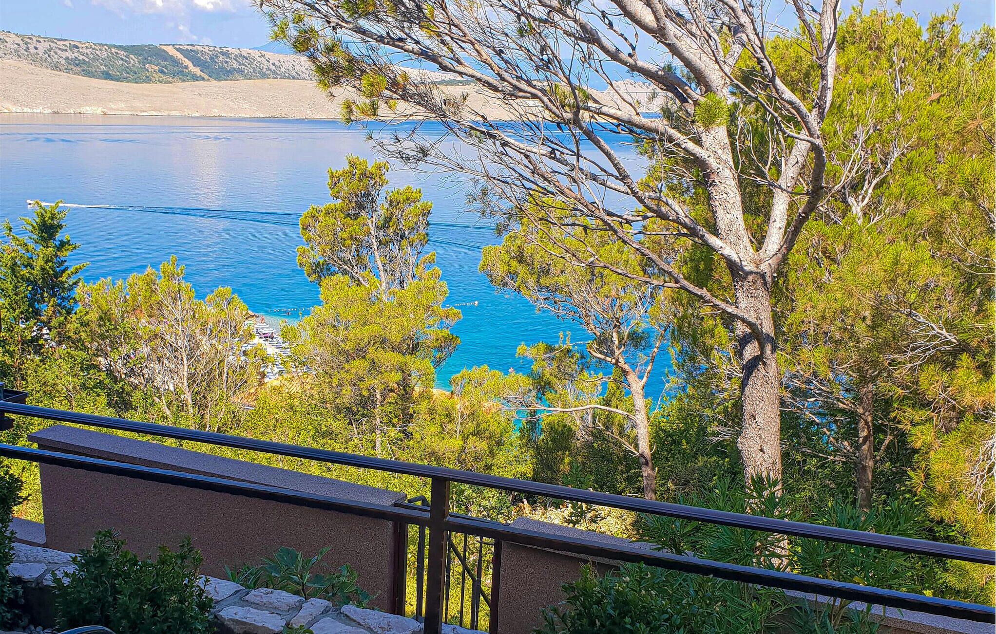 A balcony with a view of a calm sea and surrounding trees.