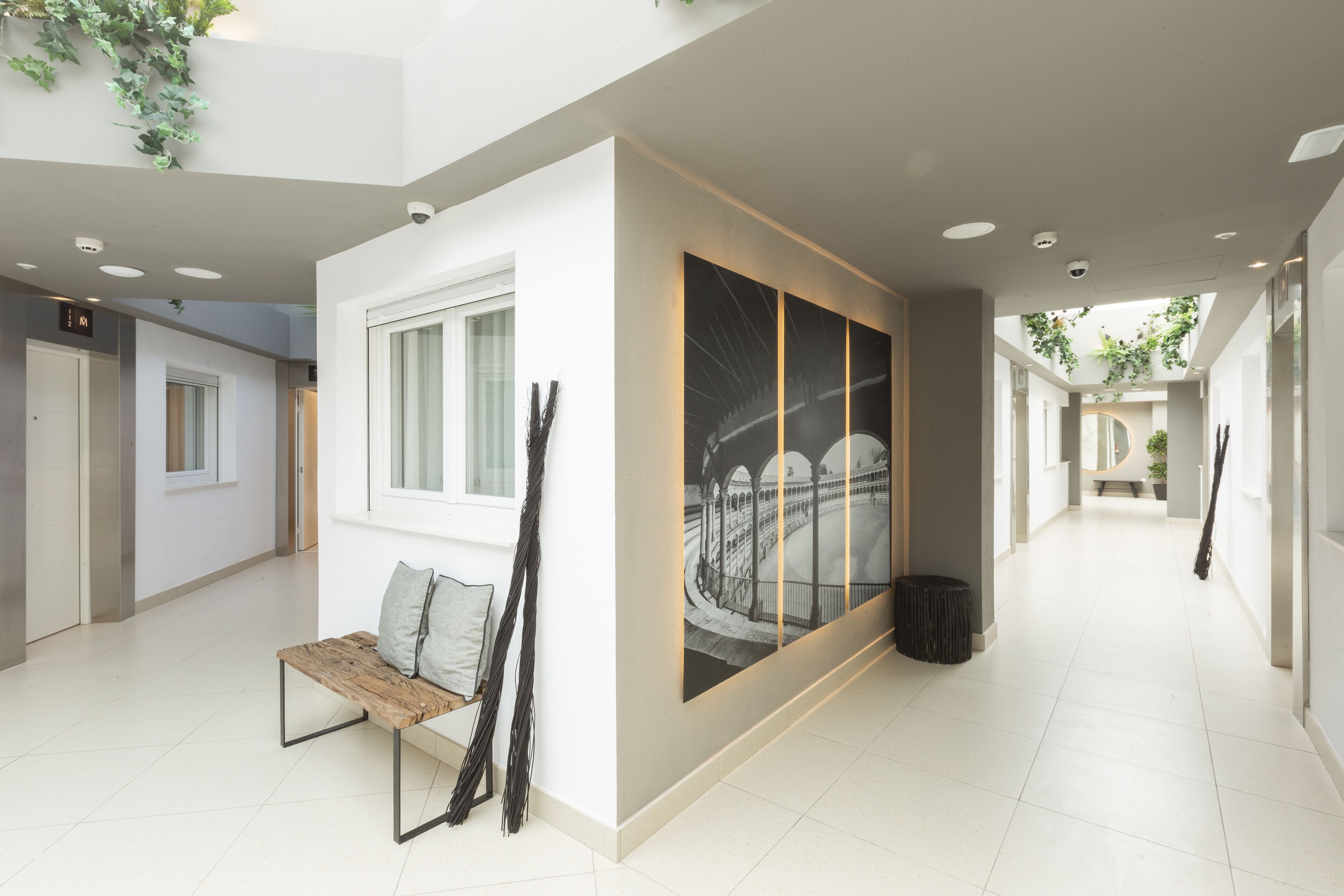 A modern hallway with a bench, a large framed artwork, and a potted plant.