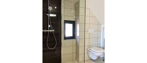 Douche, séchoir à cheveux, serviettes fournies, savon