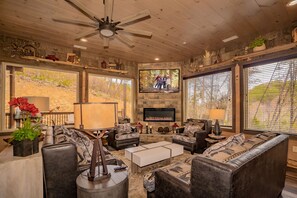 TV, fireplace, video games - Huckleberry Hill: Indoor Pool, Game & Theater Room! Hot Tub, Luxury, near Attractions! (Sevierville)